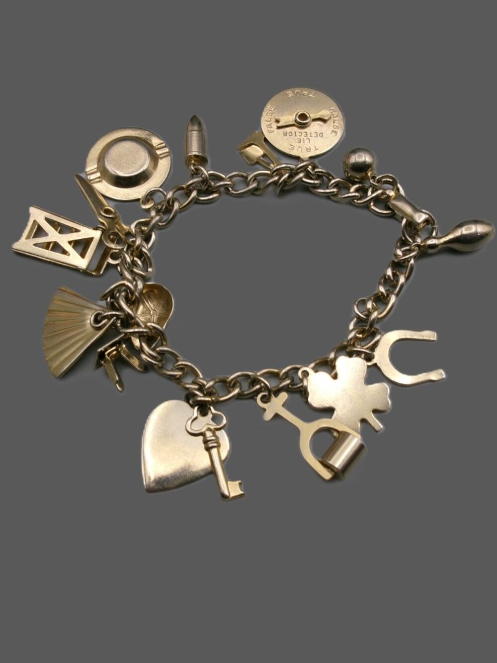 Vintage Coro Gold Charm Bracelet, Heart Key Fan, 4 Leaf Clover, Etc.